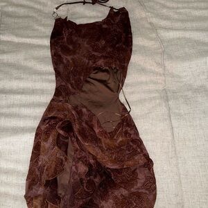 Brown Paisley Halter Mini Dress with Waist Cutout